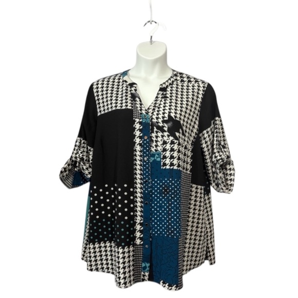 NWT, Claire France, Plus Size Patchwork Blouse, 18W, Black, White, Blue - Picture 9 of 9